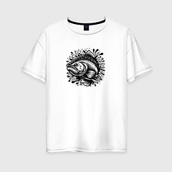 Футболка оверсайз женская Татуировка лосось в брызгах воды, цвет: белый