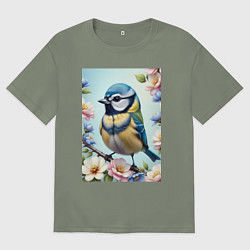 Футболка оверсайз женская Синичка в цветах, цвет: авокадо