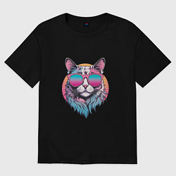 Футболка оверсайз женская Ретро кот в розовых солнечных очках Vaporwave, цвет: черный