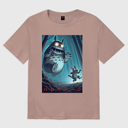 Женская футболка оверсайз Тоторо гонится за лесным длинноухим котом - хэллоу