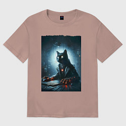 Женская футболка оверсайз Кибер кот за компьютером - неоновое свечение