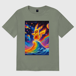 Футболка оверсайз женская Огненный Пикачу на волне - нейроарт фантазия, цвет: авокадо