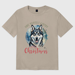 Футболка оверсайз женская Новогодний хаски, цвет: миндальный