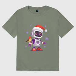 Футболка оверсайз женская Робот и снежинки, цвет: авокадо