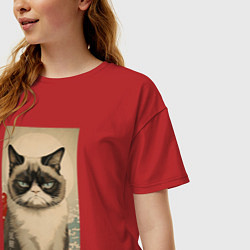 Футболка оверсайз женская Мемный кот - японский стиль, цвет: красный — фото 2