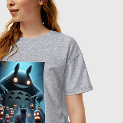 Футболка оверсайз женская Тоторо среди привидений и чёрного кота, цвет: меланж — фото 2