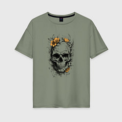 Футболка оверсайз женская Череп с желтыми цветами, цвет: авокадо
