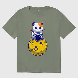 Футболка оверсайз женская Котик на луне, цвет: авокадо