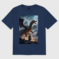 Футболка оверсайз женская Сражение с драконом, цвет: тёмно-синий
