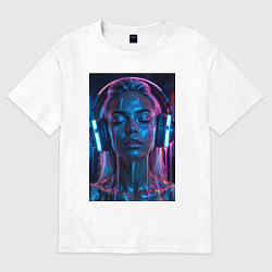 Футболка оверсайз женская Девушка с наушниками в неоне, цвет: белый