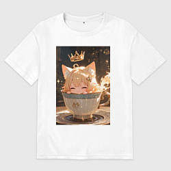 Футболка оверсайз женская Кошечка с короной в чашке, цвет: белый