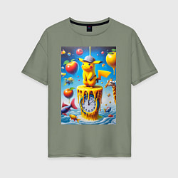 Футболка оверсайз женская Funny Pikachu and fishes - surrealism, цвет: авокадо