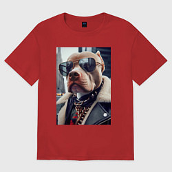 Футболка оверсайз женская Чувак питбуль в тёмных очках, цвет: красный