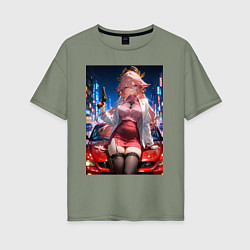 Футболка оверсайз женская Яэ Мико Genshin Impact на капоте с револьвером, цвет: авокадо