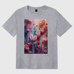 Футболка оверсайз женская Композиция из цветов и сердечек, цвет: меланж