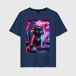 Футболка оверсайз женская Чёрный котёнок - киберспорт, цвет: тёмно-синий