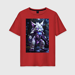 Футболка оверсайз женская Киборг лиса с неоновой подсветкой, цвет: красный