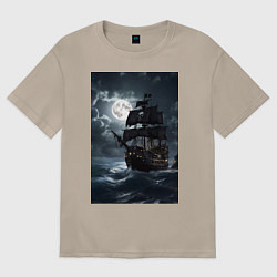 Футболка оверсайз женская Пиратский корабль в шторм, цвет: миндальный