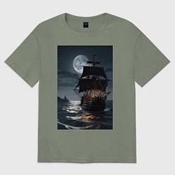 Футболка оверсайз женская Пиратский корабль в шторм, цвет: авокадо