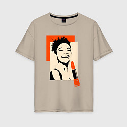 Футболка оверсайз женская Девушка с помадой в стиле поп-арт, цвет: миндальный