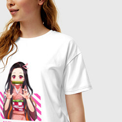 Футболка оверсайз женская Клинок рассекающий демонов Незуко полоска, цвет: белый — фото 2