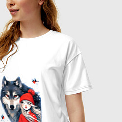 Футболка оверсайз женская Красивый серый волк и шапочка Красная, цвет: белый — фото 2