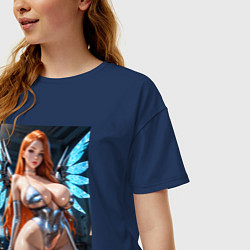 Футболка оверсайз женская Девушка-ангел с механическими крыльями, цвет: тёмно-синий — фото 2