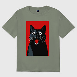 Футболка оверсайз женская Удивленный черный кот, цвет: авокадо