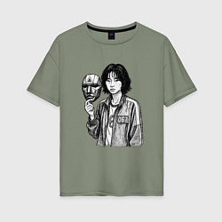 Футболка оверсайз женская Игра в кальмара 067 с маской, цвет: авокадо