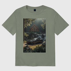 Футболка оверсайз женская Черный суперкар возле коттеджа в лесу, цвет: авокадо