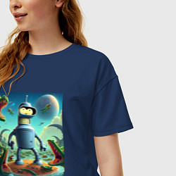Футболка оверсайз женская Робот-сгибальщик Бендер с пистолетом среди крокоди, цвет: тёмно-синий — фото 2