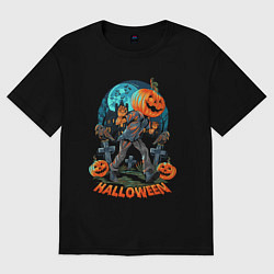 Футболка оверсайз женская Человек тыква, цвет: черный