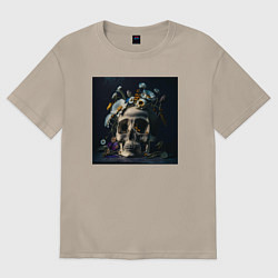 Футболка оверсайз женская Череп мрачный в цветах, цвет: миндальный