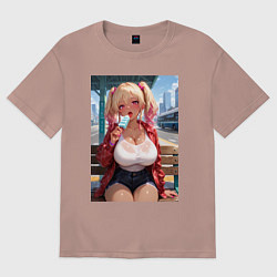 Футболка оверсайз женская Симпотная девушка-гяру с мороженным - аниме, цвет: пыльно-розовый
