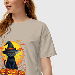 Футболка оверсайз женская Cat on pumkins, цвет: миндальный — фото 2