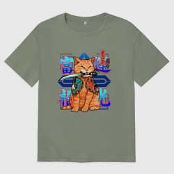 Футболка оверсайз женская Татуха с котом якудза с мечом катана киберпанк, цвет: авокадо