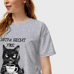 Футболка оверсайз женская Завтра бесит уже сегодня - недовольный кот на рабо, цвет: меланж — фото 2