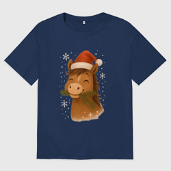 Футболка оверсайз женская Лошадка жует елочные ветки, цвет: тёмно-синий