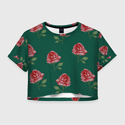 Женский топ Ярко красные розы на темно-зеленом фоне