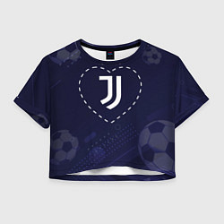 Футболка 3D укороченная женская Лого Juventus в сердечке на фоне мячей, цвет: 3D-принт