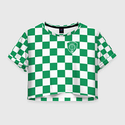 Футболка 3D укороченная женская ФК Ахмат на фоне бело зеленой формы в квадрат, цвет: 3D-принт