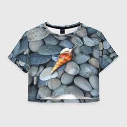 Футболка 3D укороченная женская Одинокая ракушка среди морских камней, цвет: 3D-принт