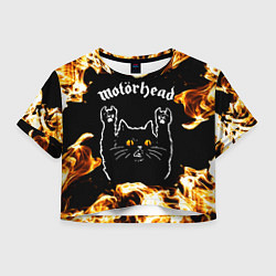 Футболка 3D укороченная женская Motorhead рок кот и огонь, цвет: 3D-принт