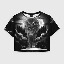 Футболка 3D укороченная женская Волк на фоне луны - рисунок карандашом, цвет: 3D-принт