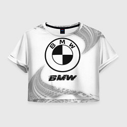 Футболка 3D укороченная женская BMW speed на светлом фоне со следами шин, цвет: 3D-принт