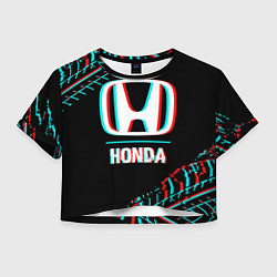 Футболка 3D укороченная женская Значок Honda в стиле glitch на темном фоне, цвет: 3D-принт