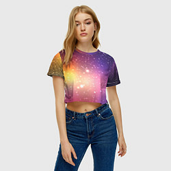 Футболка 3D укороченная женская Желто фиолетовое свечение и звезды, цвет: 3D-принт — фото 2