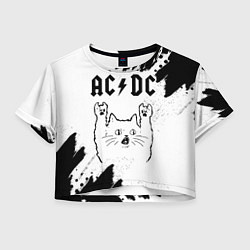 Футболка 3D укороченная женская AC DC рок кот на светлом фоне, цвет: 3D-принт