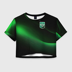 Футболка 3D укороченная женская Герб РФ зеленый черный фон, цвет: 3D-принт
