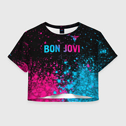 Футболка 3D укороченная женская Bon Jovi - neon gradient: символ сверху, цвет: 3D-принт